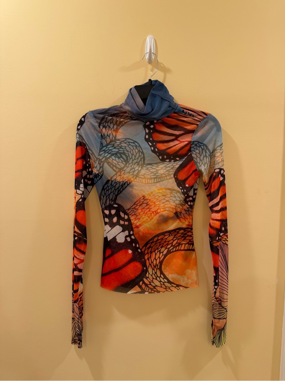 AFRM Zadie Butterfly Print Sheer Mesh Turtleneck Top